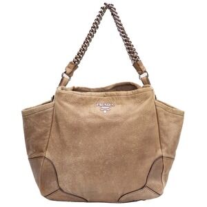 Prada CERVO LUX Tan Distressed Ombre Leather Shoulder Bag Chain Strap Hobo Vntg